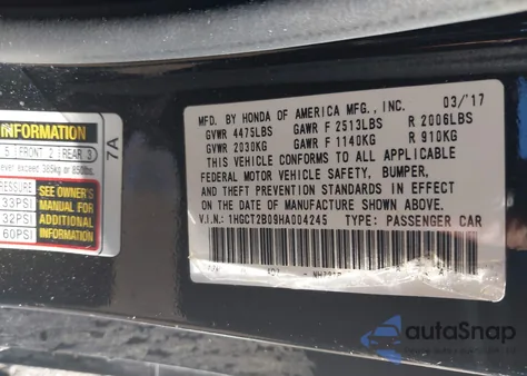 2017 Honda Accord Touring V6 из США, поврежденный, VIN 1HGCT2B09HA004245